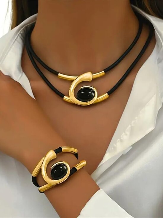 Gold Jewelry Set, Bohemian Double-Layer Black Rope With Oval Black Acrylic Penda - Picture 4 of 7